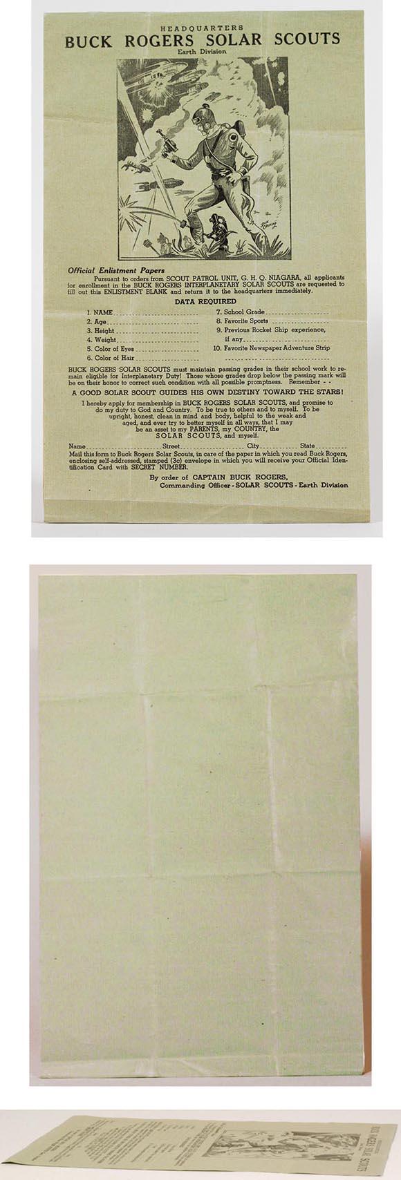 1939 Buck Rogers Solar Scouts Enlistment Form